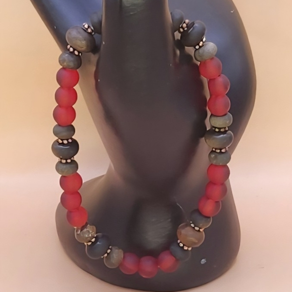 Red Sea Glass, Toffee Bronzite, Golden Obsidian ans Copper Beaded Bracelet - Picture 2 of 6